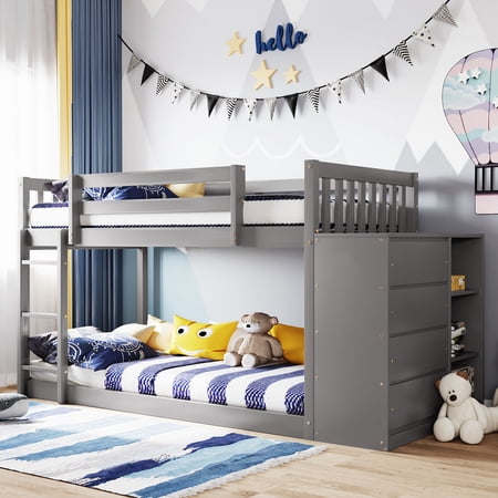 Royard Oaktree Twin over Twin Bunk Bed with Storage Cabinet Wood Bunk Bed Frame with Guardrail and Ladder, 4 Drawers and 3 Shelves, Gray