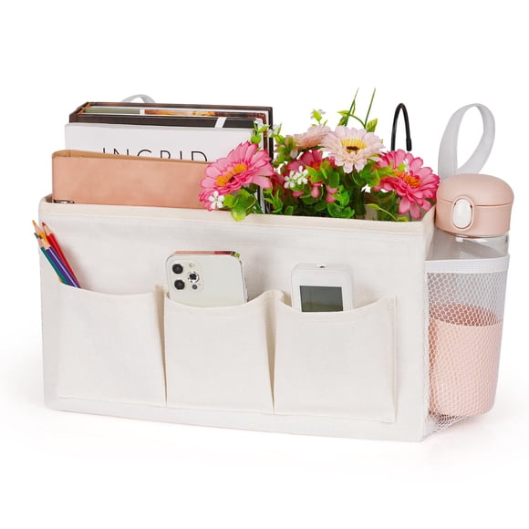 Lilithye Organizador de cabecera, organizador de cabecera, carrito de almacenamiento con correas fijas y soporte para botella de agua para el hogar, universidad, dormitorio, litera, cama de hospital,