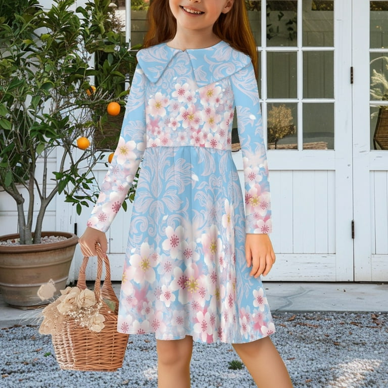 DISNIMO Girls Cherry Blossom Dress for Kids Blue Long Sleeve Dress for  Girls 7-8 Dresses with Collars for GirlsDresses Fall Girls Casual Dresses  for agers Girls Twirly Dress Kids - Walmart.com