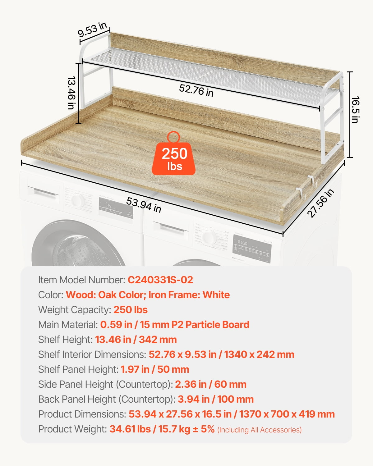 VEVOR Washer Dryer Countertop with 2-Tier Shelf, 54" x 27" Wooden Washer and Dryer Countertop with Anti-Slip Pads, Water-Resistant Laundry Topper Cover for Laundry Room Organization and Storage, Oak