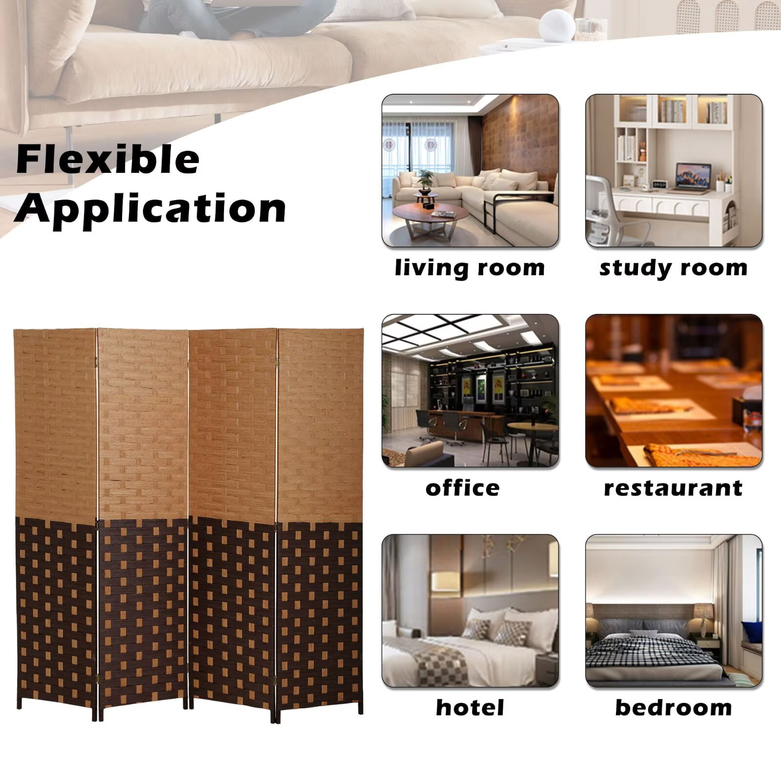 4 Panel Room Dividers Foldable Privacy Screen Decorative Indoor Screen 6TF Wooden Office Dividers Partition Wall for Home, Office, Bedroom, CM