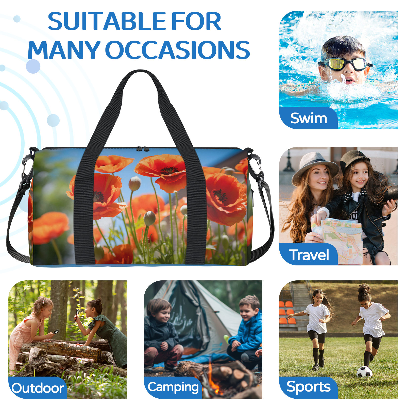 Herdesigns Poppy Flowers Gym Bag for Women, Duffle Bag for Travel Sport, Lightweight Waterproof Carry on Weekender Overnight Dance Yoga Workout Bags
