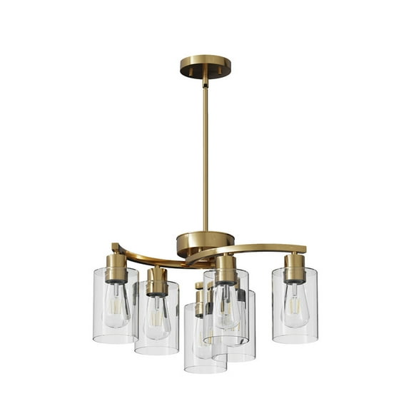 6-Light Modern Gold Chandelier - Adjustable Height (Up to 74.7") with Rods, Industrial Design, Clear Glass Shades - For Dining Room & Kitchen Island