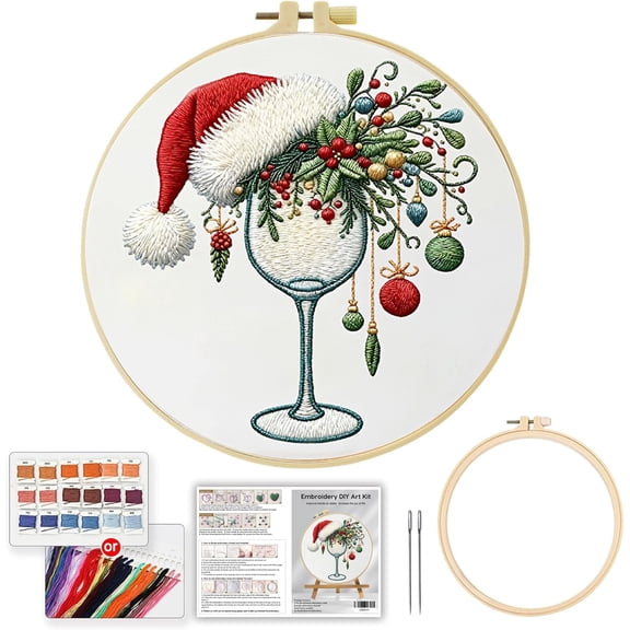 Christmas Embroidery Kit, 1 Set Cross Stitch Craft Kit for Beginners with Pre-Printed Embroidery Fabric, Hoop, Step-by-Step Instruction, Color Threads & Needles (Christmas-1 Set)