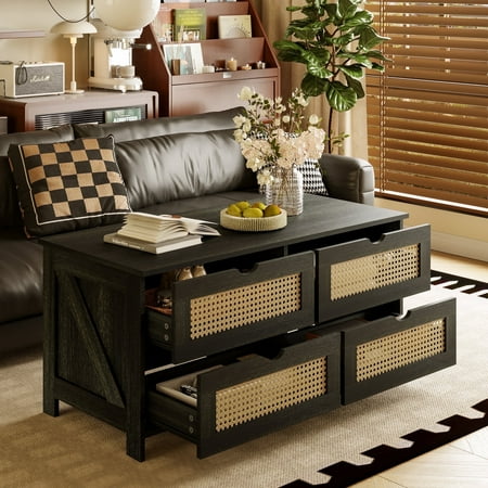 DOVEAID Coffee Table with Drawers, Weave Rattan Table for Living Room, 42''H in, Dark gray, Rectangle
