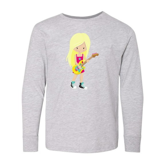 Inktastic Rock Girl, Blonde Hair, Girl Playing Guitar Long Sleeve Youth T-Shirt