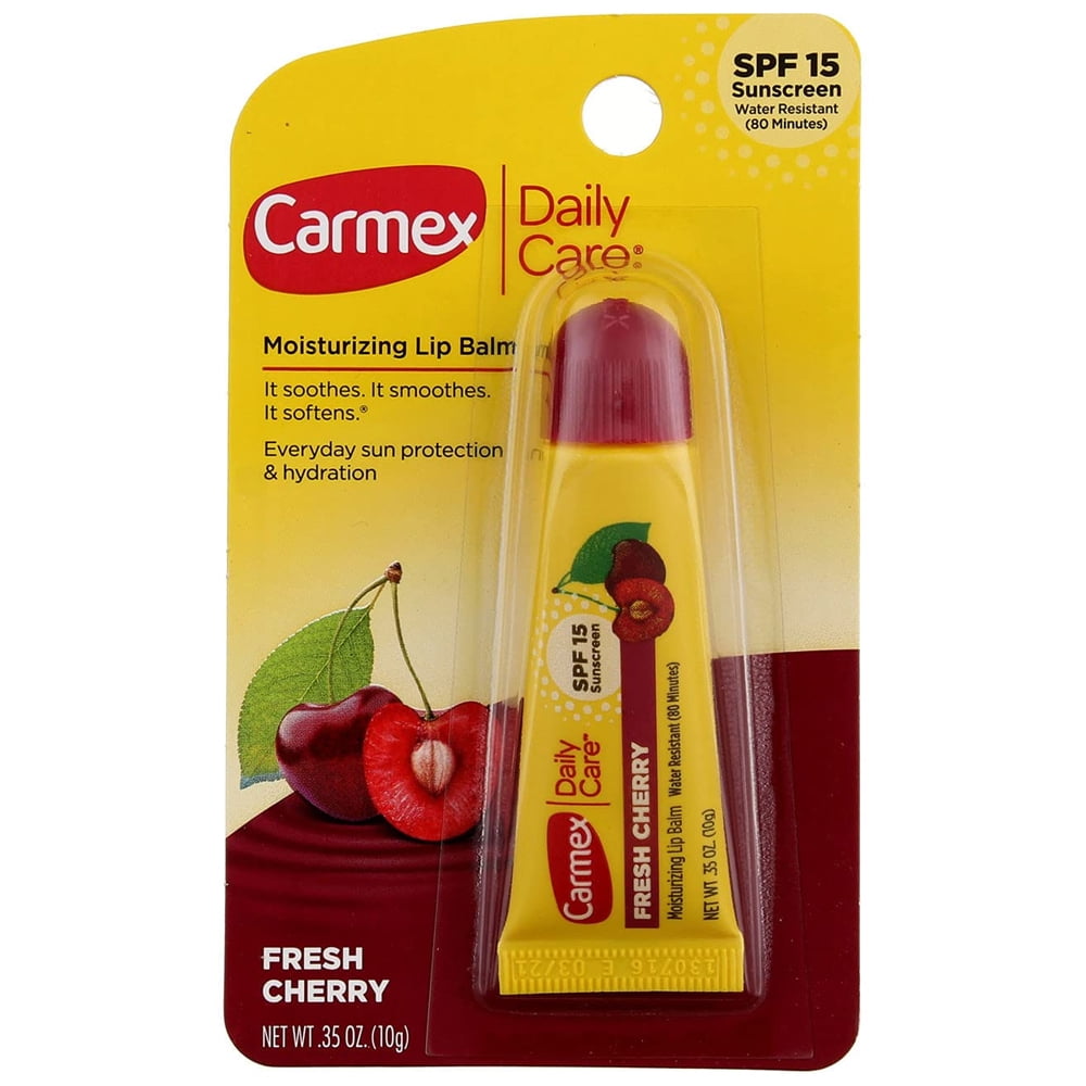 Carmex Daily Care Moisturizing Lip Balm Tube. Softens and Soothes. Water Resistant. Fresh Cherry. 0.35 oz. Pack of 12