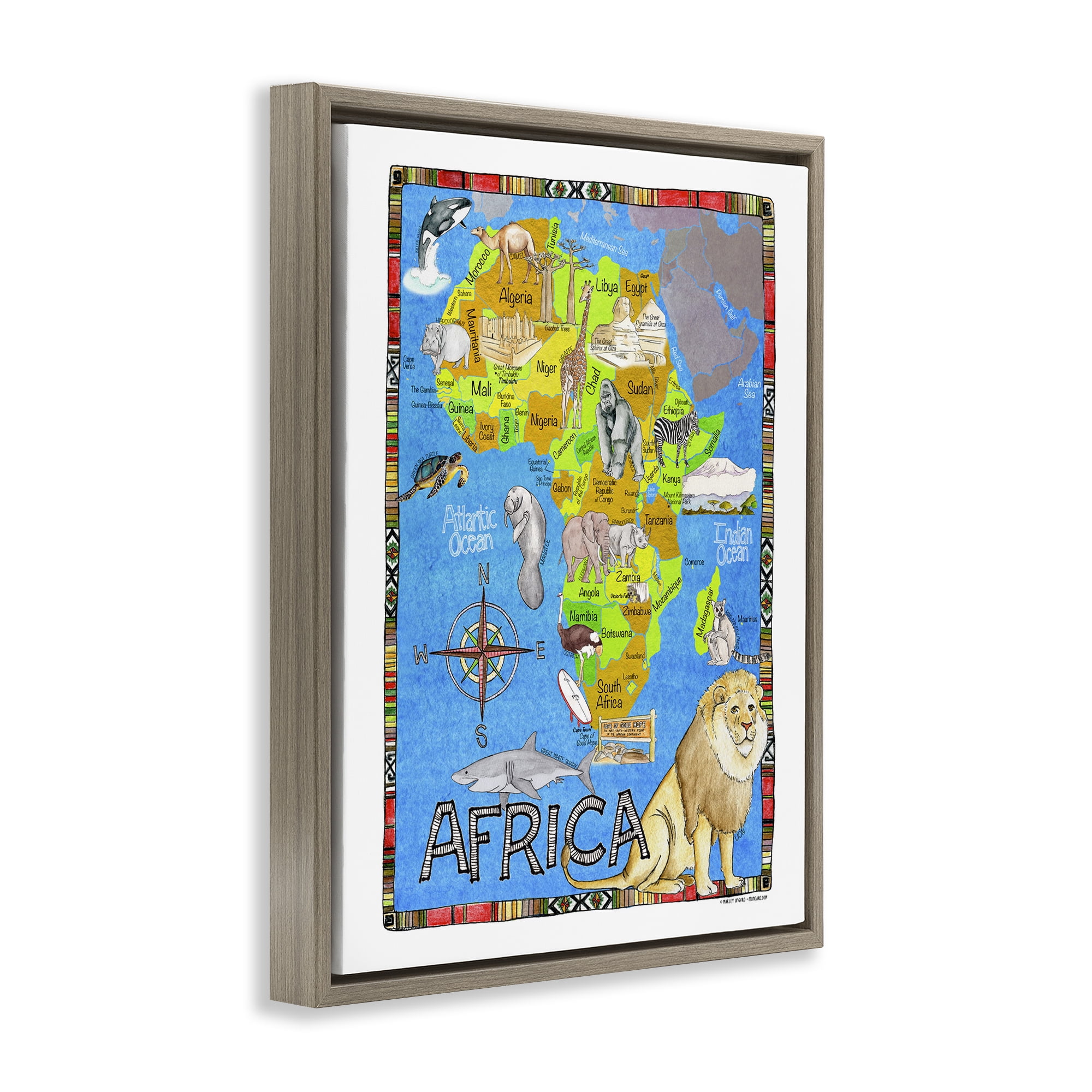 Stupell Industries African Animals Map Town & City Painting Brown Floater Framed Art Print Wall Art, 25 x 31