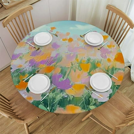 

XINLUO Round Table Cover Waterproof Reusable Table Cloth Round Fitted Tablecloth with Elastic Edged for Outdoor Party Watercolor Oil Painting Texture Art Spring Flowers Blue Cover 31 -35