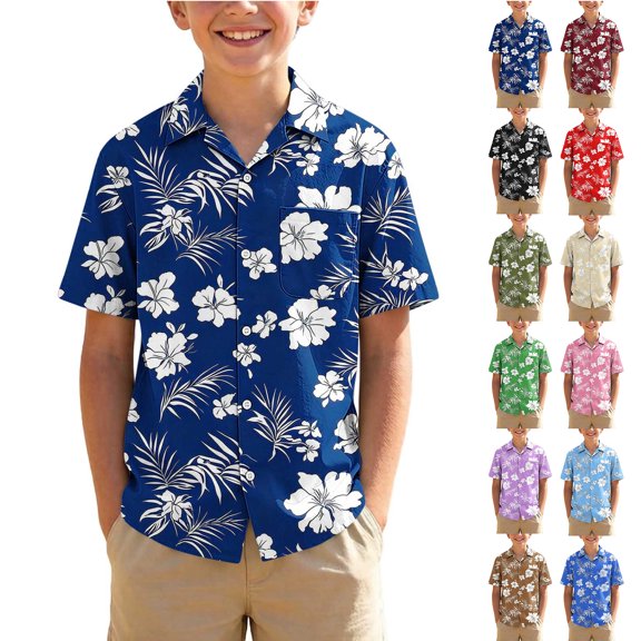 qucoqpe Kids Hawaiian Shirt Short Sleeve Tropical Floral Beach Vacation Summer Short Sleeve Collared Button Pocketed Down Boys and Girls Shirts Trendy Casual Thin Comfy Tops for Teens
