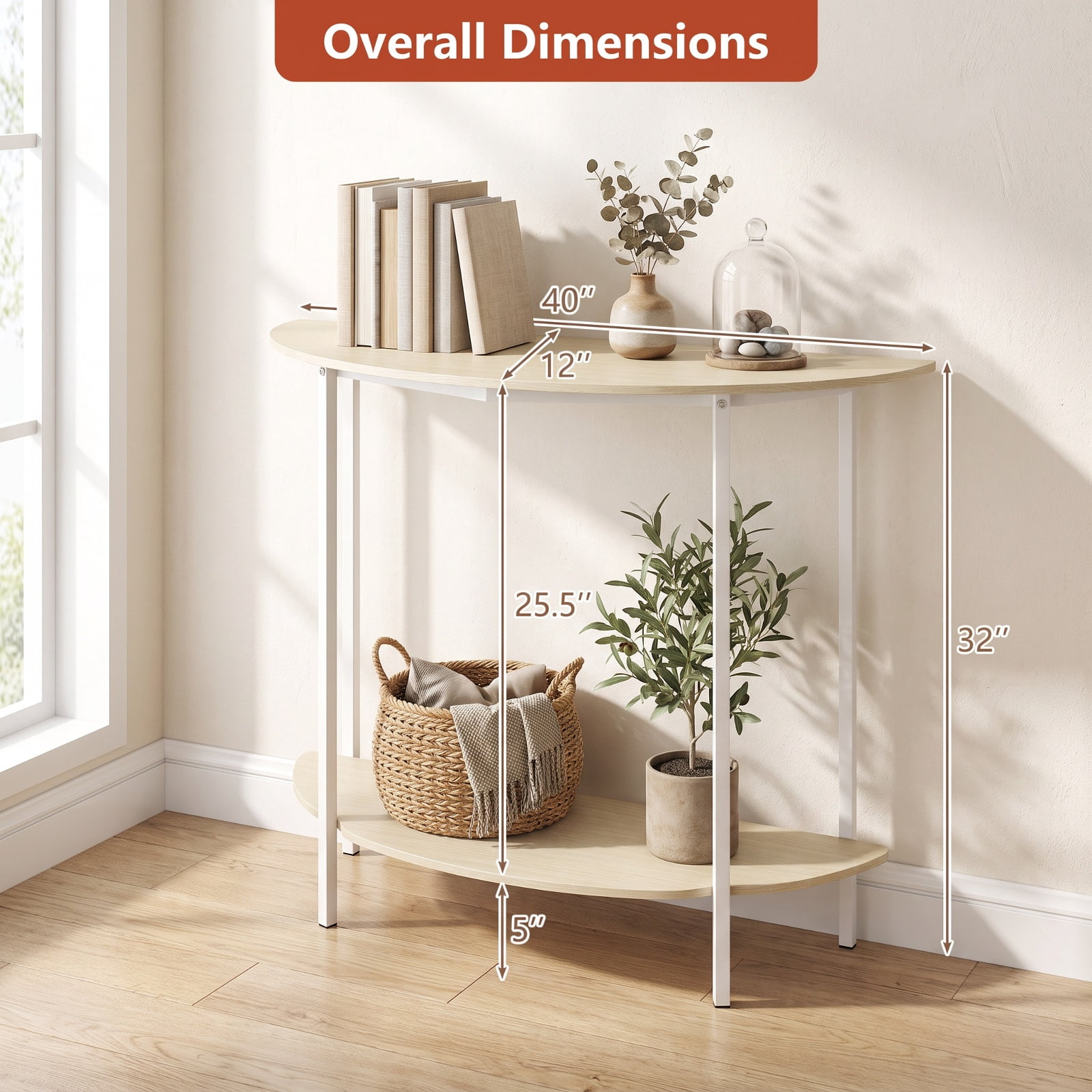 Furnibear Half Moon Console Table 40 Inch 2 Tier Entryway Table with Storage Shelf and Metal Frame for Foyer Hallway and Living Room, Oak