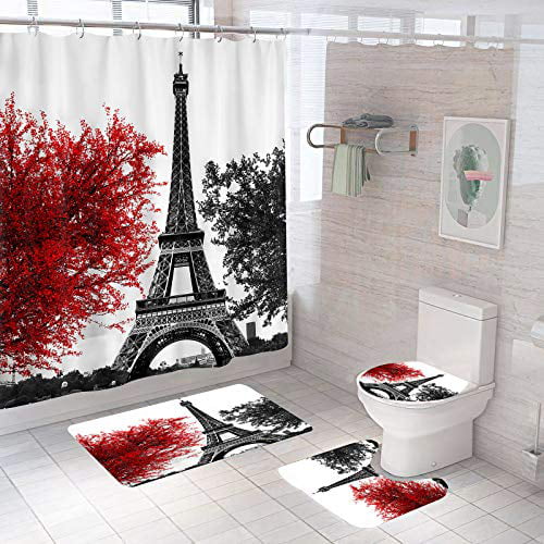 Eiffel Tower Shower Curtain Bathroom Rug Set Bath Mat Non-Slip Toilet Lid Cover 