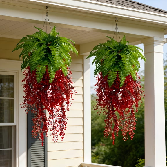 Rourlinge Artificial Faux Hanging Flower Plants with Basket Spring Decoration, Simulation of Persian leaf golden bell willow Realistic UV Resistant for Outside Garden Porch Patio Yard Home Decor