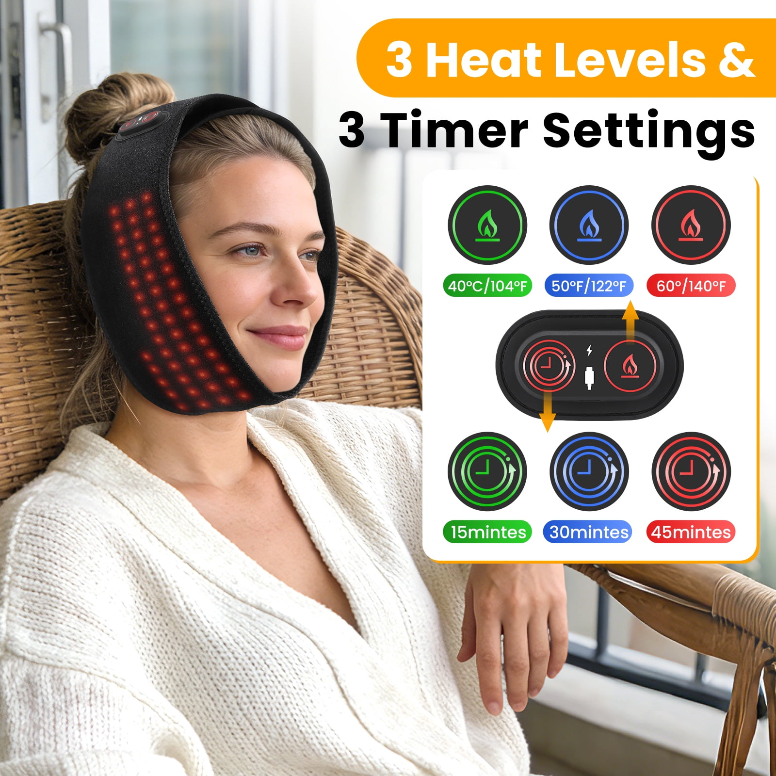 Cordless Face Heated Wrap, Led Light Heating Pad for Forehead Arm Wrist, Jaw Heating Pad with 3 Heating & Timing Modes, 5000mAh Battery for TMJ Relief, Relax