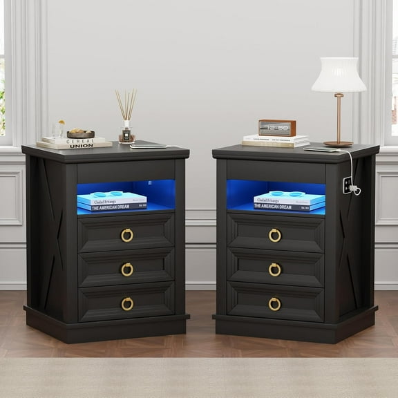 Farmhouse Nightstand Set 2 with Gun Drawer,Bedside Table with Charging Station and Human Body Senor,3 LED Lights Night Stand with 3 Drawers and Open Shelf,End Side Table for Bedroom(Black)