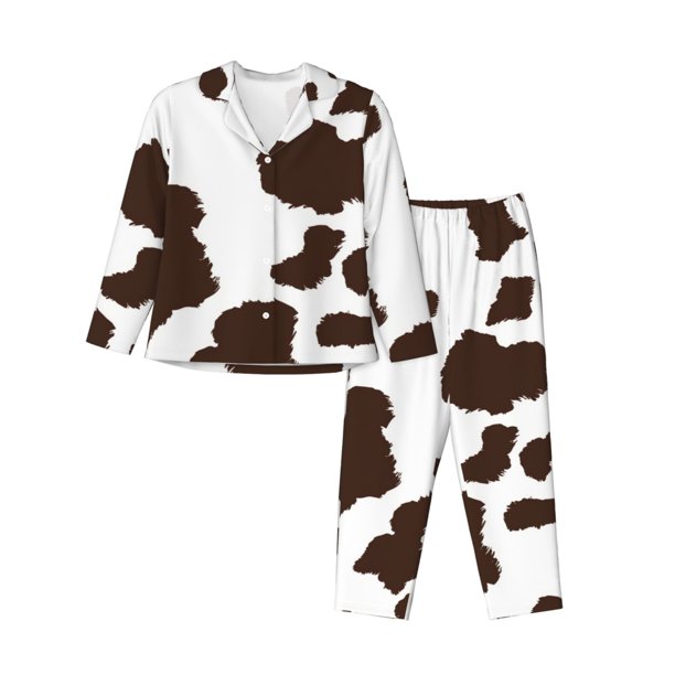 Fotbe Brown Cow Conjunto de Pijama de Manga Larga para Mujer con Estampado, Ropa de Dormir de 2 Piezas, Conjunto de Casa Suave y Cómodo con Bolsillos-Small