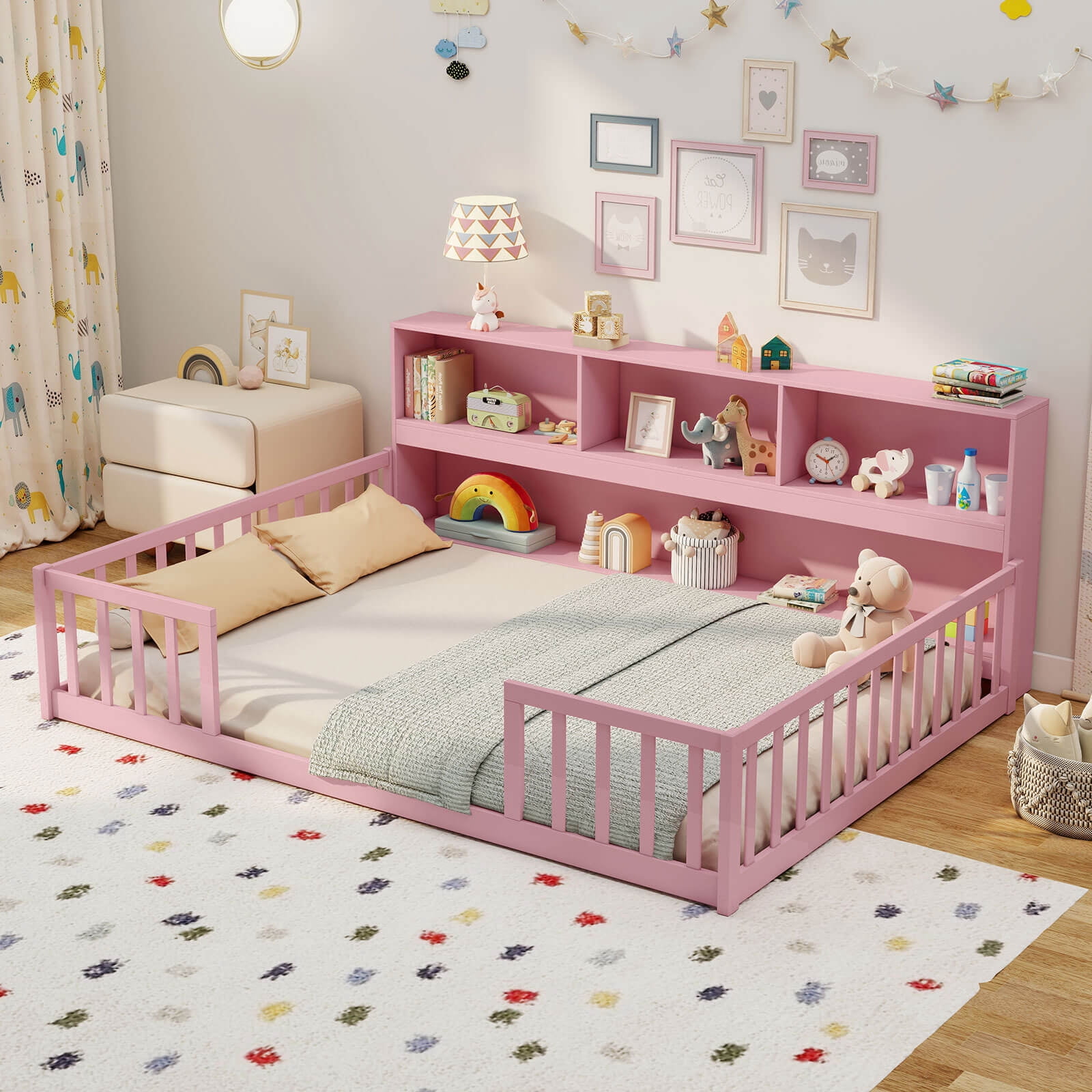 Costway Full Size Montessori Floor Bed with Bookcase Storage Shelves & Safety Fence Rails Pink