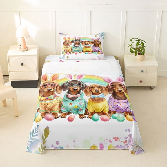 Homewish Dachshunds Dog Twin Sheets,Easter Egg Bedding,Rainbow Decor,3pcs,1 Fitted Sheet and 1 Pillowcase