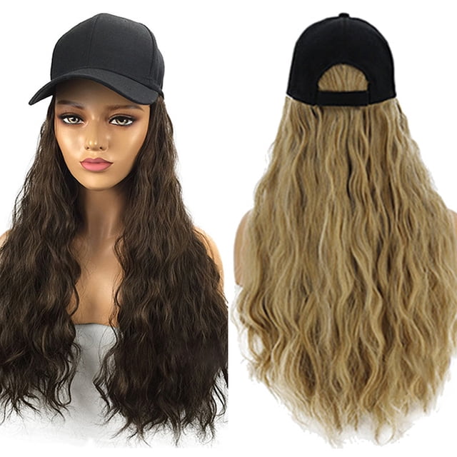 Neinkie Chapeau Perruque pour les Femmes Vague Casquette de Baseball Perruque avec Extensions de Cheveux Bouclés Perruque Perruque Perruque Synthétique Vague Chapeau de Baseball Réglable Perruque