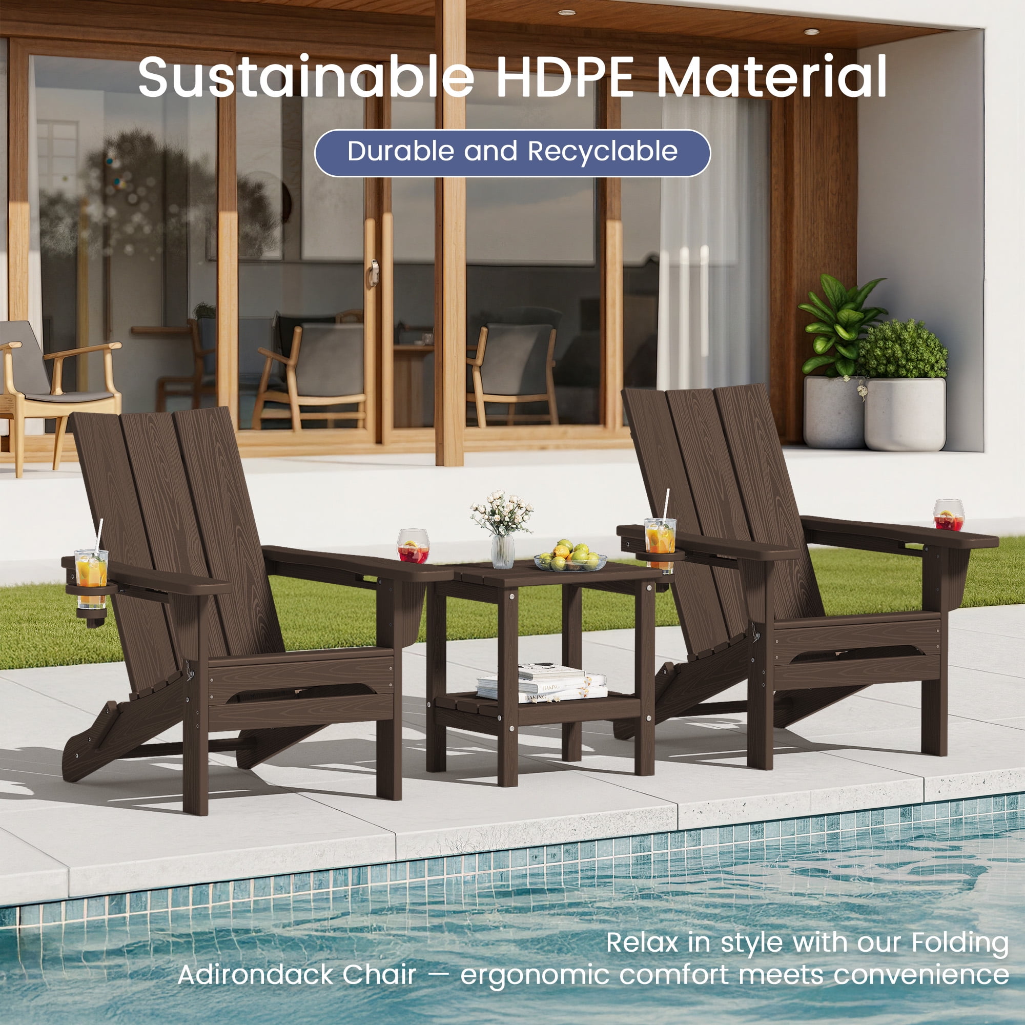 SERWALL Folding Adirondack Chair with 2 Cup Holders & Phone Slot, All-Weather Outdoor HDPE Patio Chair, Foldable Lawn Deck Chair, Dark Brown