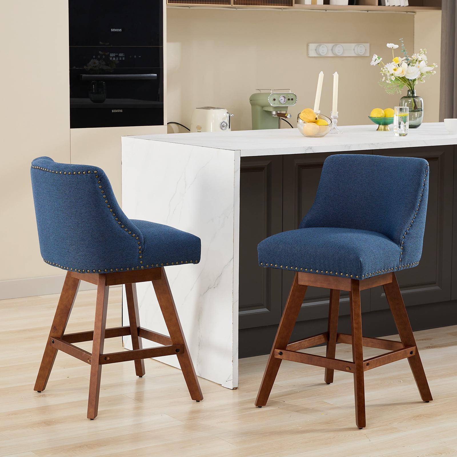 Modern Swivel Bar Stools Set of 2, Blue Counter Height Bar Stools with Back for Kitchen Island, Fabric Upholstered Island Chairs with Wood Legs, Barstool Chairs, Sillas para Barra de Cocina