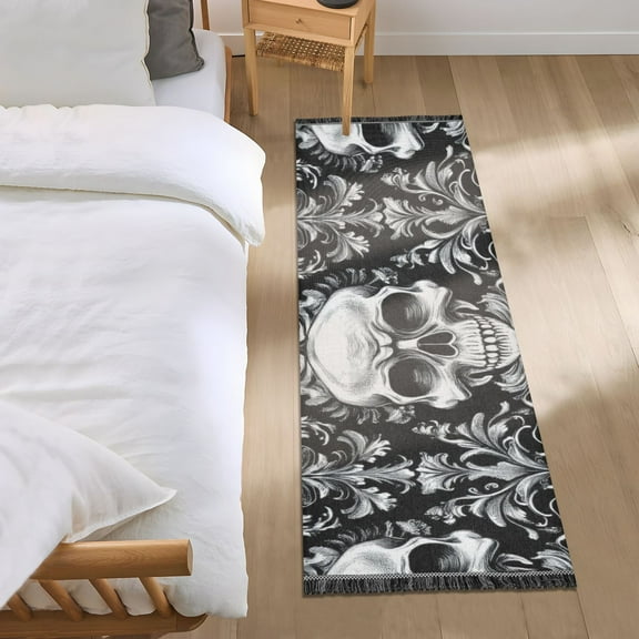 Skull on Black Background Bedroom Runner Rug 2'x 6' Non Slip Carpet Indoor Home Area Rug Living Room