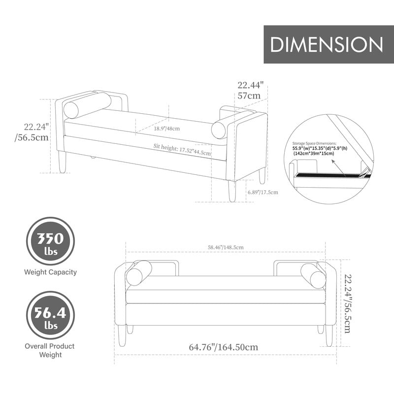 AISWORD 64.7"W Corduroy Storage Bench with Armrests & Backrest,Flip-Top Entryway End of Bed Bench, 2 Bolsters, 352 lbs Capacity, Rubberwood Legs, for Living Room,Bedroom,Hallway,Charcoal