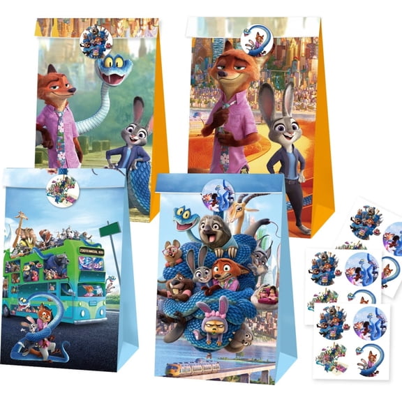 12 PCS Zootopia Kraft Paper Goodie Bag Small Gift Bags for Zootopia Party Supplies,Kids Birthday Game Party Kraft Paper Goodie Gift Bag Decorations