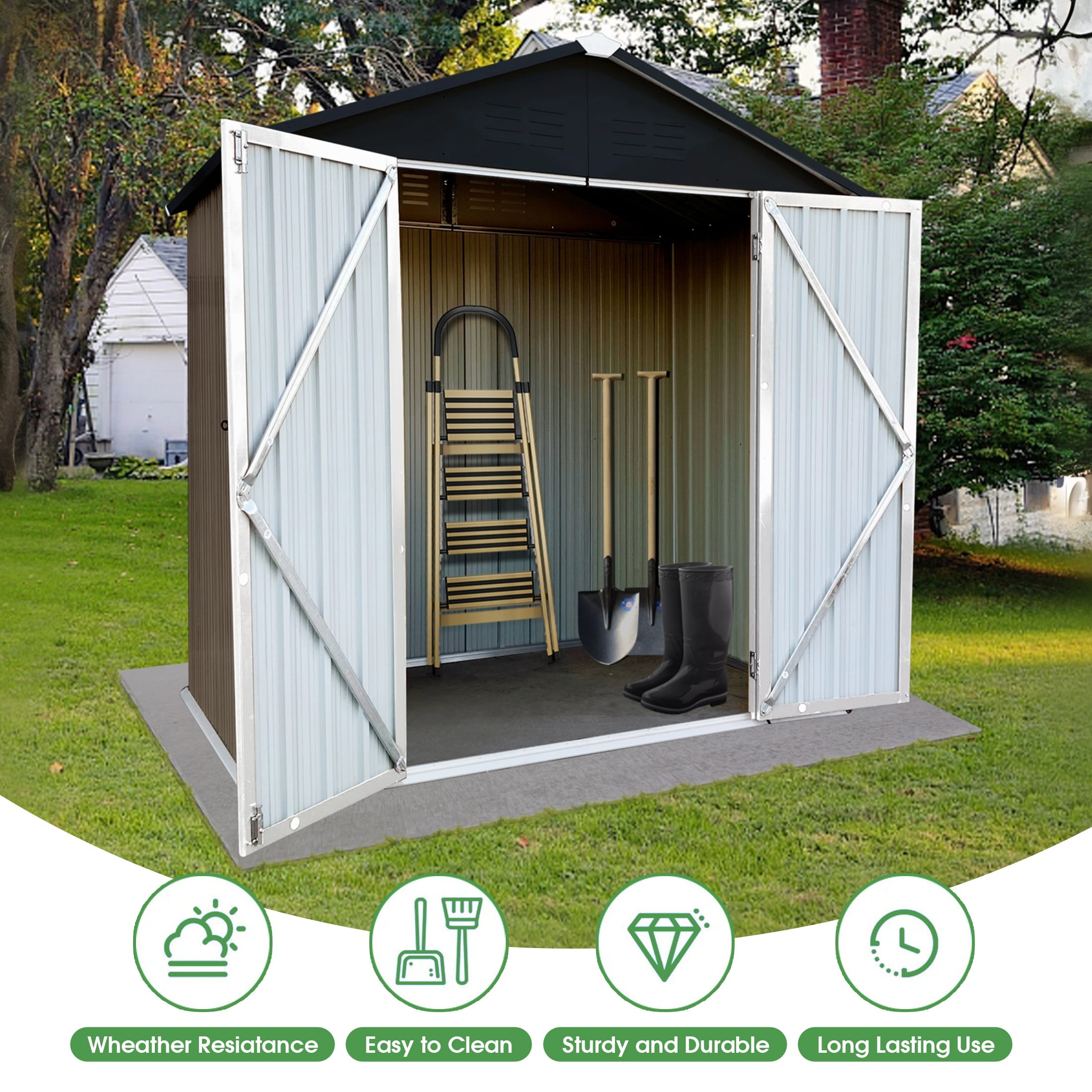 Aukfa 4' x 6' Outdoor Storage Shed, Waterproof Metal Garden Shed with Doors and Sloped Roof for Patio, Backyard, Lawn, Tool Storage, Bike Shed