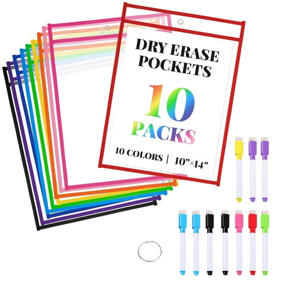 Style-Carry 10 Pack 10" x 14" Reusable Dry Erase Pockets and Colored Markers, High Transparency PET Sleeves Sheet Protectors with Pen Holder and Metal Ring, for Teacher Classroom