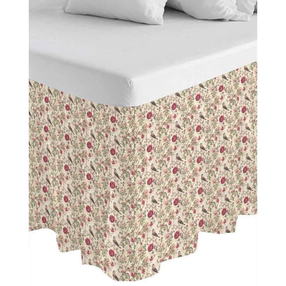 Vintage Pink Botanical Wrap Around Bed Skirts for California King Bed 18" Drop,Bed Skirt with Adjustable Elastic Belt Dust Ruffle Bed Valance for Bedroom Spring Floral Summer Birds Bed Frame Cover