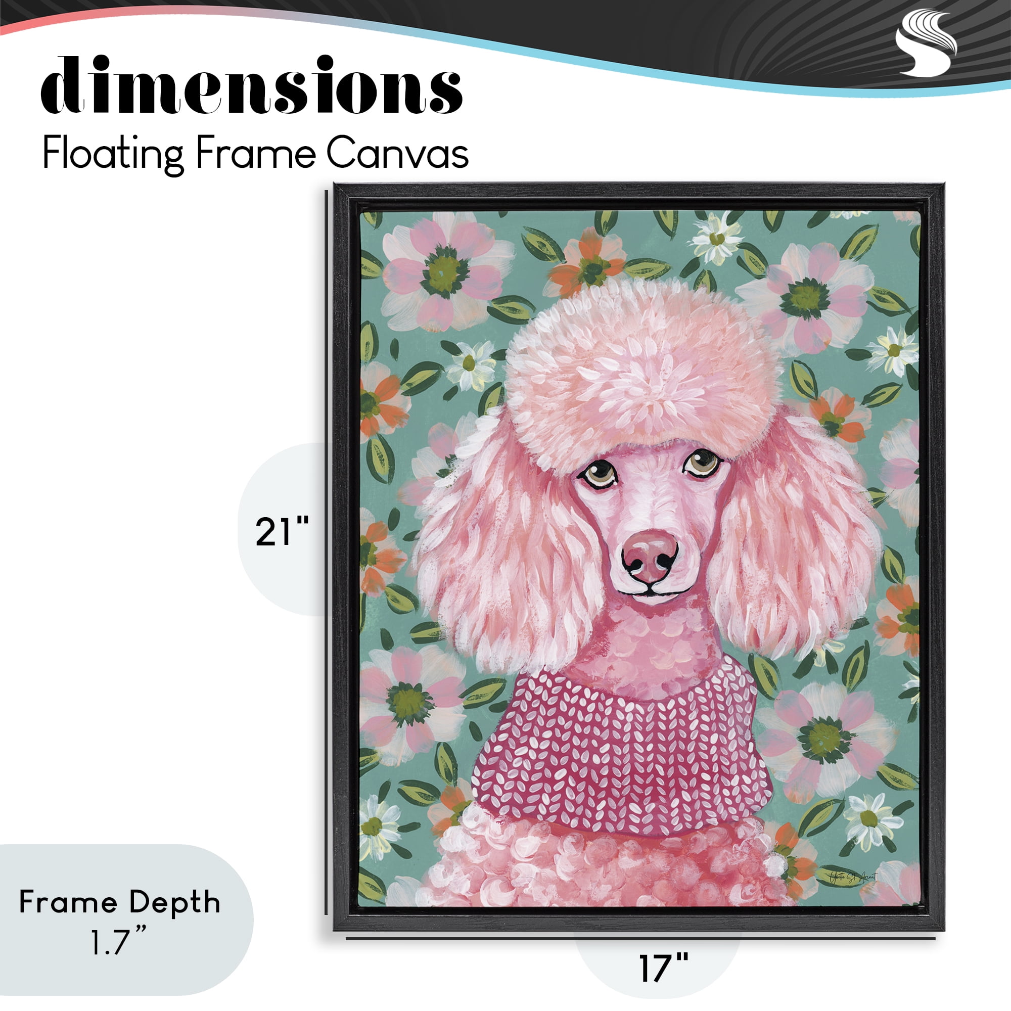 Stupell Industries Floral Poodle In Pink Black Framed Floater Canvas Wall Art, design by Yvette St. Amant