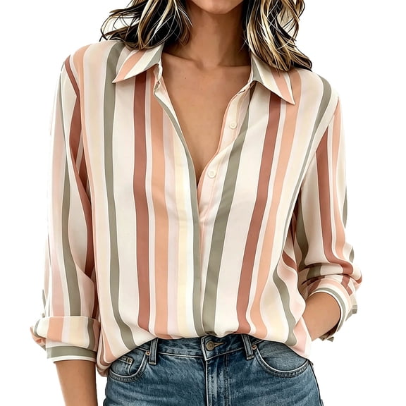 Qgtaibl Button Down Shirts for Women Long Sleeve Lapel Color Block Striped Blouse Loose Fit Lightweight Casual Tops for Vacation Brown XXL