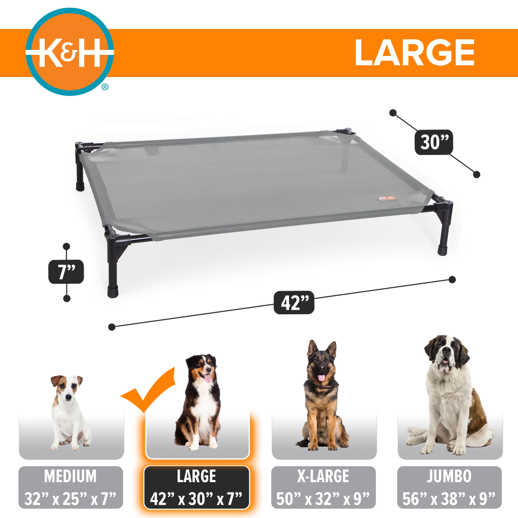 K&H Pet Products All Weather Elevated Outdoor Pet Cot Gray Large 42 X 30 X 7 Inches