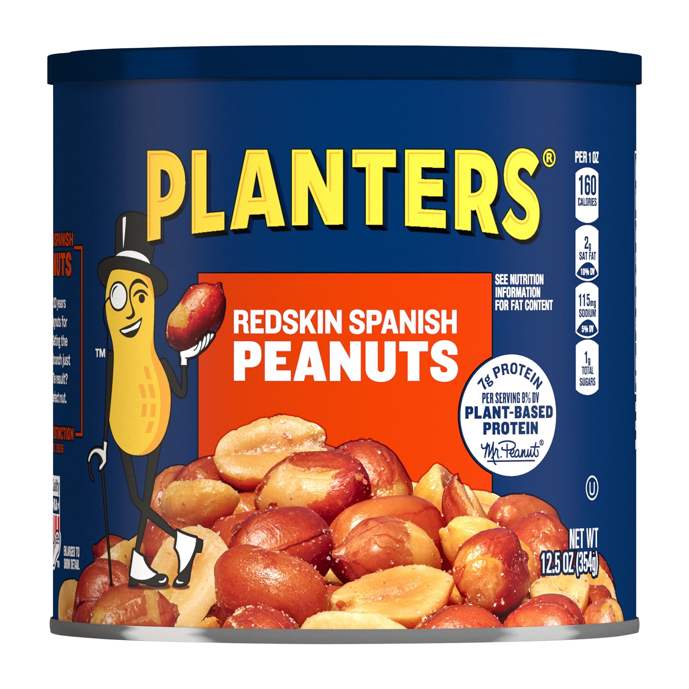 Planters Spanish Salted Peanuts with Redskins, 7g Protein (8% DV) per serving, Plant Based Protein Snacks for Adults, 12.5 oz Resealable Canister