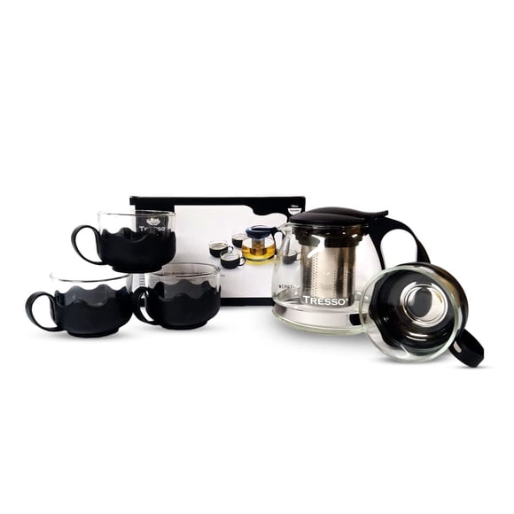 TRESSO Set de tetera de cristal de 700 ml con 4 tazas de 150 ml cada una, Color Negra