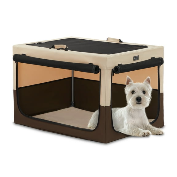 PETSFIT Portable Dog Crate, Collapsible Dog Crate - 24 Inch Easy Set-up, Light, Sturdy, Comfy Inside with Thicken Mat, Soft Crate for Home and Travel Brown