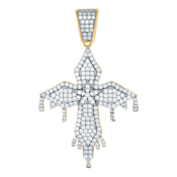 925 Sterling Silver Yellow-tone Mens Cubic Zirconia Dripping Cross Religious Charm Pendant 48.3x29.9mm Wide Necklace for