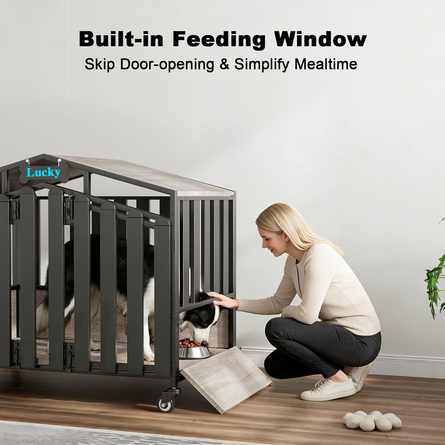 POAO 41"Heavy Duty Dog Crate Furniture for Medium Dogs(35-60lb), Dogs Kennel Indoor with 360° Wheels,Dog Cage with Feeding Window and Name Tag