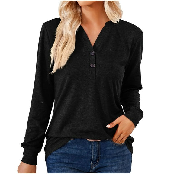 Scyoekwg Womens Long Sleeve Tops Lightweight Comfy Solid Color V-Neck Casual Dressy Blouse Loose Blouse (Black,XL)