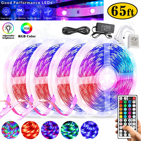 JudiXY LED Strip Lights 65.6ft  RGB LED Lights with Remote Control  5050 LEDs and DIY Mode RGB Color Changing LED Lights