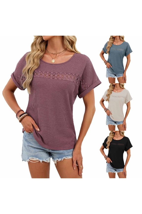 Womens Short Sleeve Lace Waffle Tops Plus Size Holiday Shirts Round Neck Classic Ladies Blouses Fashion Solid T Shirts Top S-2XL