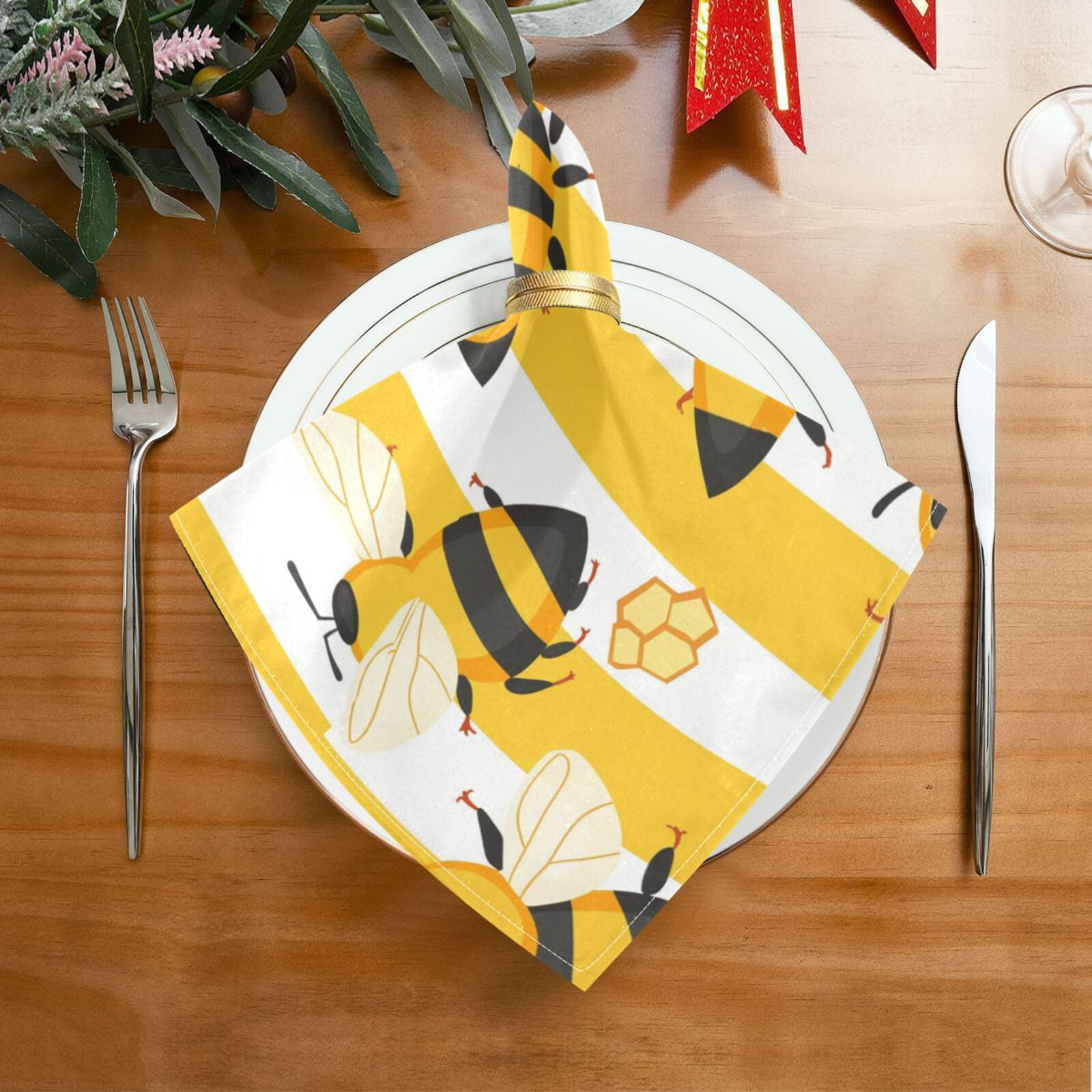 JSTEL Bee Honeycomb Stripe Cloth Napkins Set of 6, 20x20 Inch Washable and Reusable Napkin for Decoupage Dinner Party Everyday Use