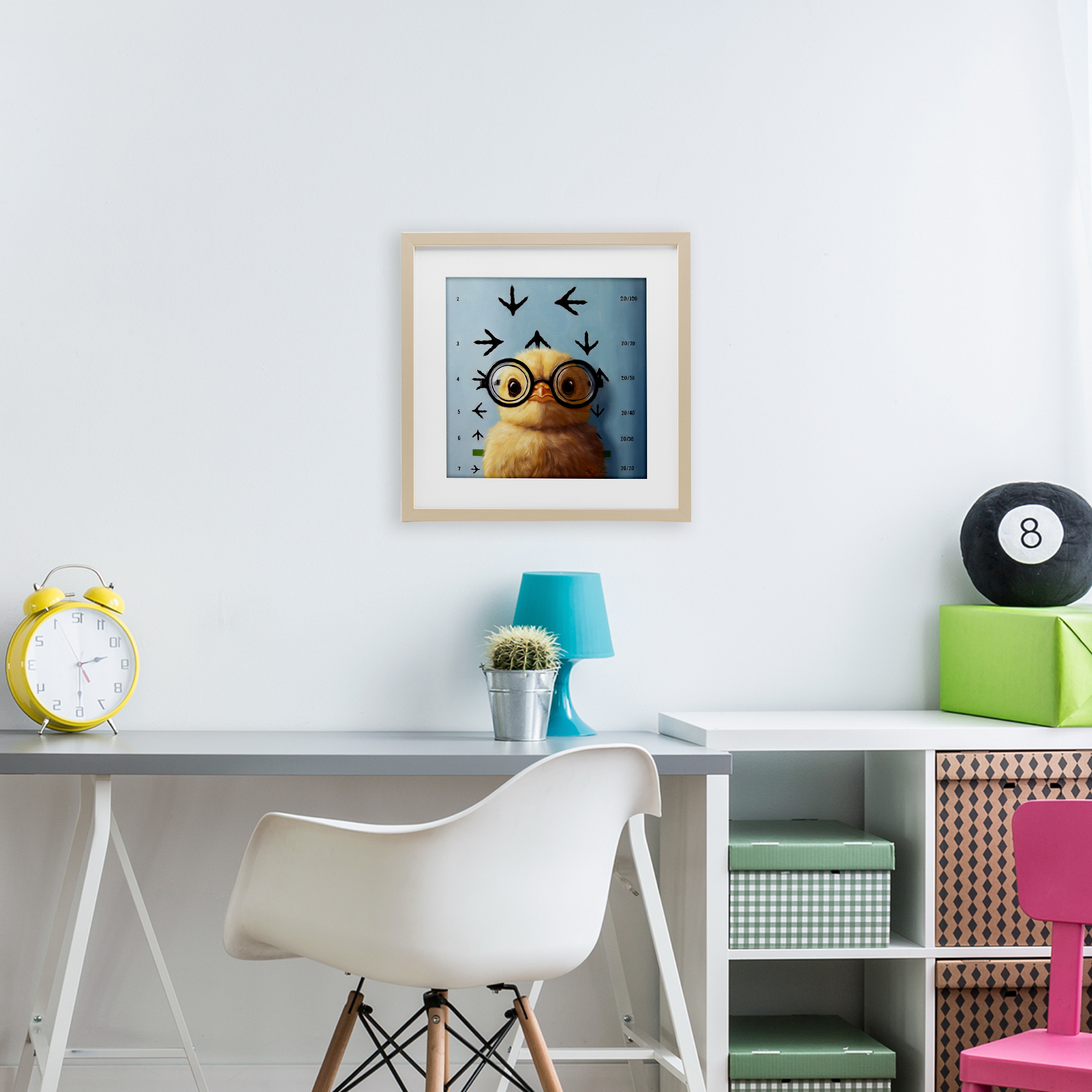 Four Eyes Chick Vision Birch Framed Print Under Glass, design by Lucia Heffernan