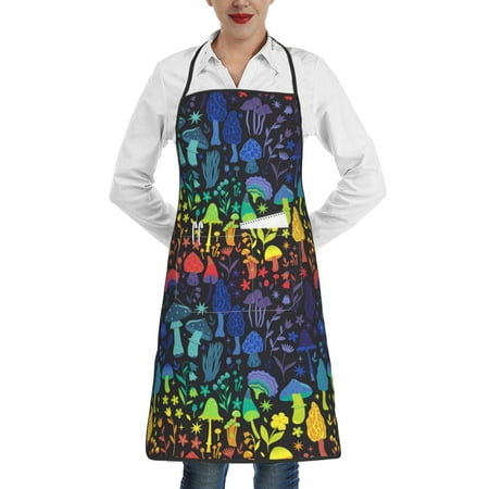 

Qekee Magical Mushrooms and Flowers Print Adjustable Bib Apron Resistant with Pocket Cooking Kitchen Aprons for Women Men Server Chef Apron