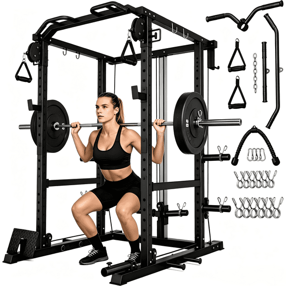 ALLVIATE Power Cage Rack, 2000LBS Squat Rack with with Cable Crossover System&LAT Pull Down System, Multi-Function Workout Cage for Home&Garage Gym, Black