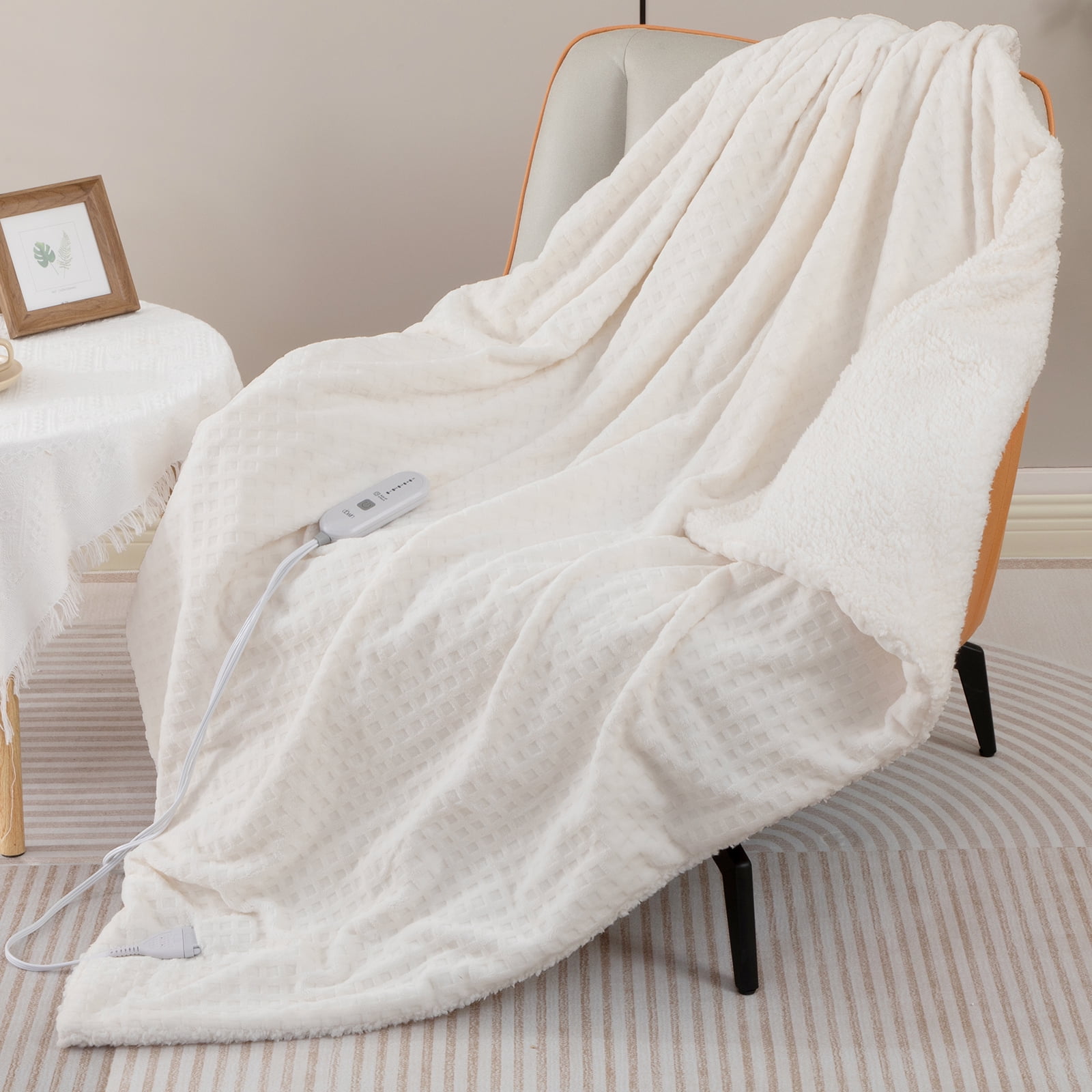 Dowin Waffle Fleece Electric Heated Blanket - Throw Size 50x60, with Auto Shut off for Couch Office Chair Bed Adults, Machine Washable, Beige