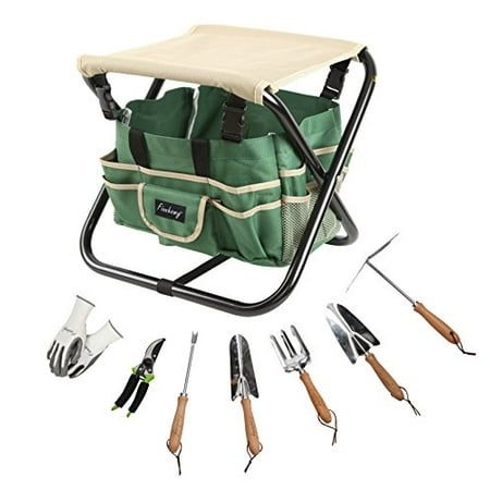 - Finnhomy 9 Piece All-In-One Garden Folding Stool Set with 1 Tote Bag, 5 Chrome Steel Garden Tools, 1 Pruning Shears and 1 Pair Working Gloves