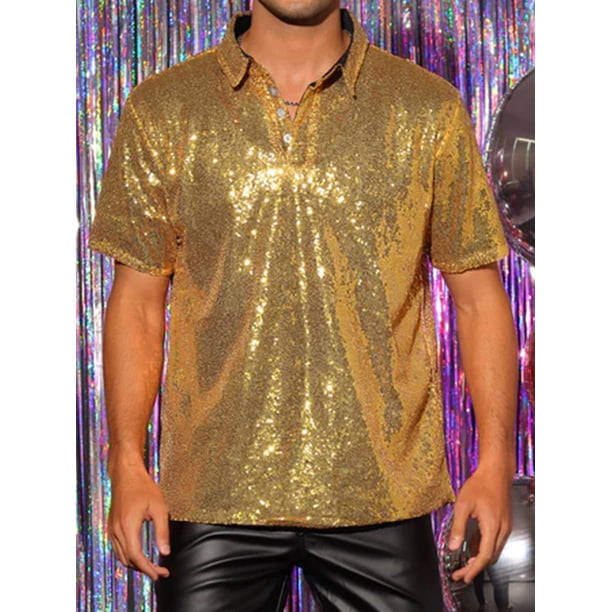 xiaxaixu Men Sparkle Sequins Shirt Casual Vintage Summer 1/4
