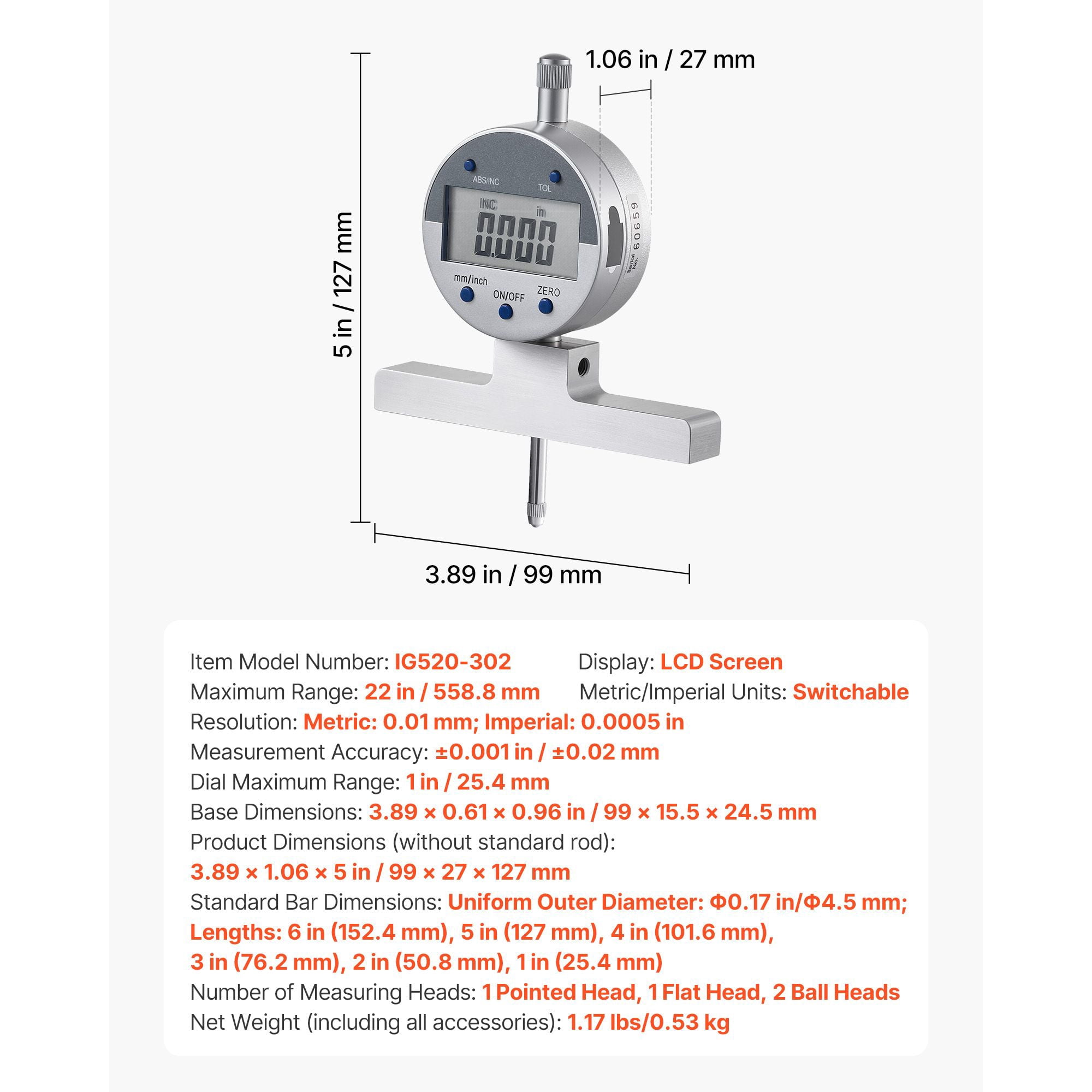 Depth Micrometer 0-1 inch / 25.4-0.8mm, ±0.001" Accuracy 0.0005" Resolution, Precision Depth Gauge for Engine Parts Machining Components